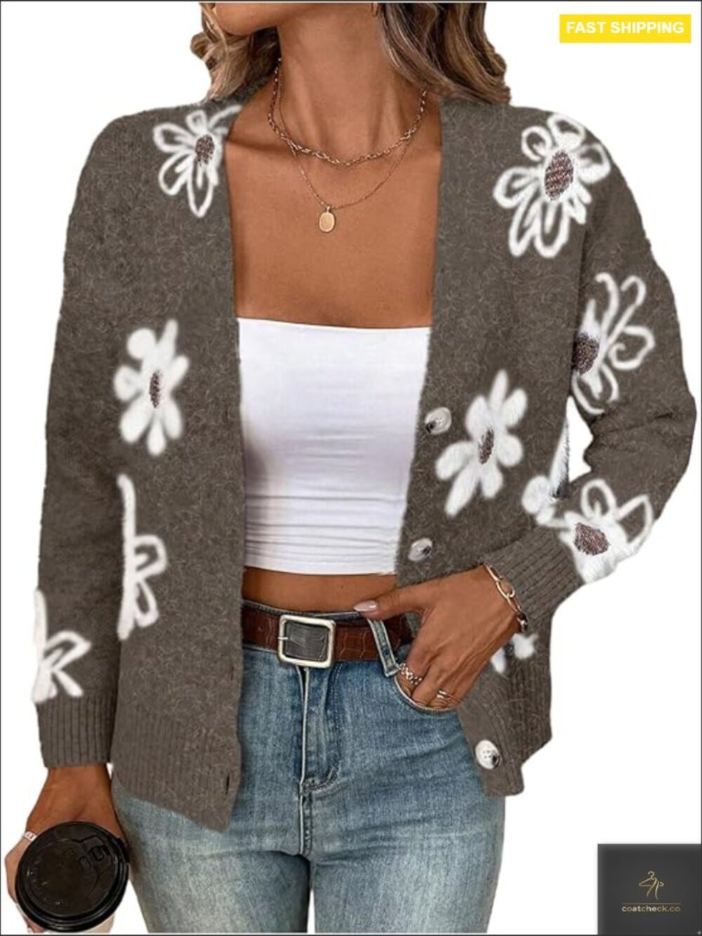 Floral Button Down Cardigan Open Front Long Sleeve Knit Outerwear